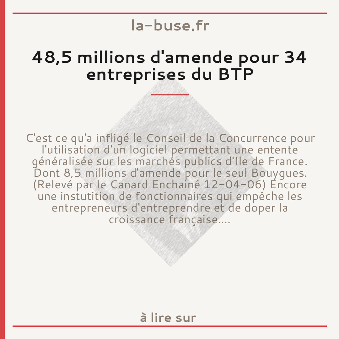 48,5 millions d'amende pour 34 entreprises du BTP