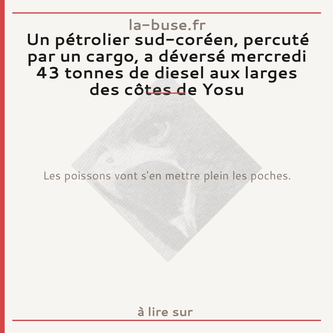 Un pétrolier sud-coréen, percuté par un cargo, a déversé mercredi 43 tonnes de diesel aux larges des côtes de Yosu