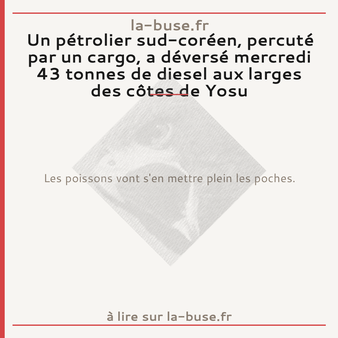 Un pétrolier sud-coréen, percuté par un cargo, a déversé mercredi 43 tonnes de diesel aux larges des côtes de Yosu